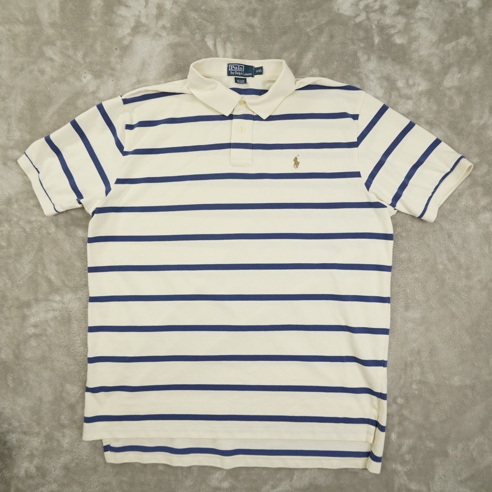 Polo Ralph Lauren Vintage Polo Shirt Men's XXL Ivory Blue Stripe Short Sleeve